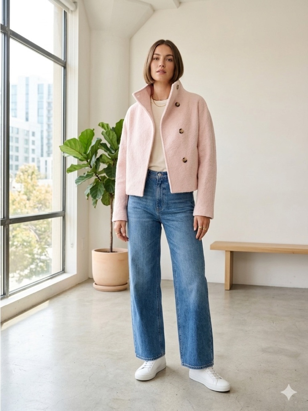 Aritzia Wilfred Blush Pink Merino Wool Bouclé Cropped Jacket - Medium